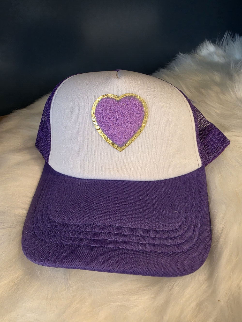 90s Inspired Woman's Purple, White, & Gold Heart Trucker Hat